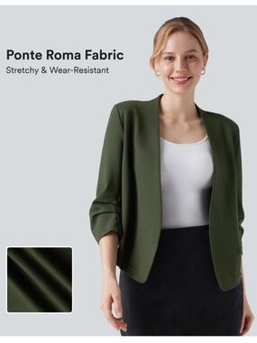 Womens Olive Green Ponte Roma Open-Front Jacket Wear-Resistant V-neck 3/4 Sleeve